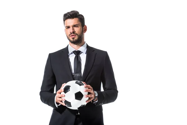 Handsome businessman in formal wear holding soccer ball Isolated On White — Stock Photo