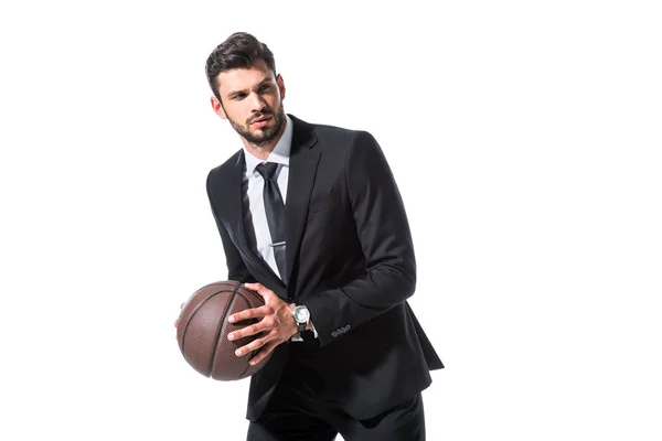 Handsome businessman in formal wear with basketball Isolated On White — Stock Photo