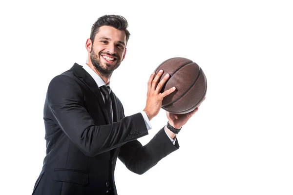 Felice uomo d'affari bello in abito formale con il basket isolato su bianco — Foto stock