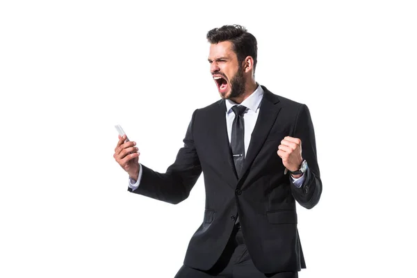 Gritando empresário com smartphone e mão apertada Isolado em branco — Fotografia de Stock