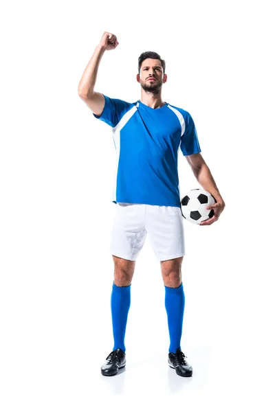 Joueur de football avec ballon Gesturing avec la main serrée isolé sur blanc — Photo de stock
