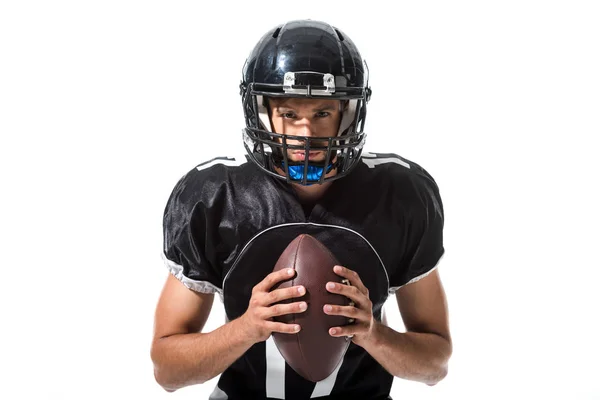 Jogador de futebol americano no capacete com bola isolada em branco — Fotografia de Stock