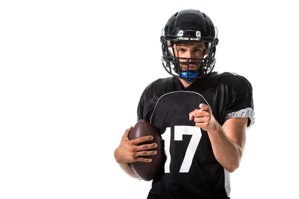 American Football player with ball pointing with finger Isolated On White — Stock Photo