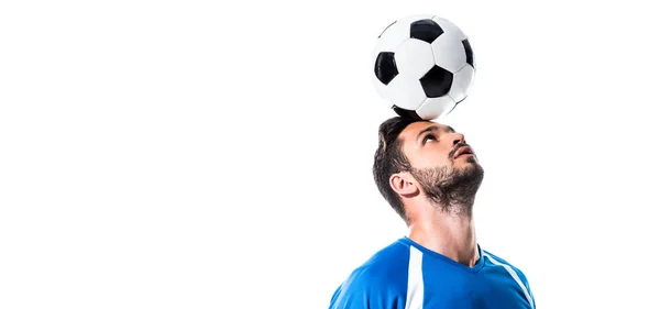 Panoramic shot of handsome soccer player with ball on head Isolated On White — Stock Photo