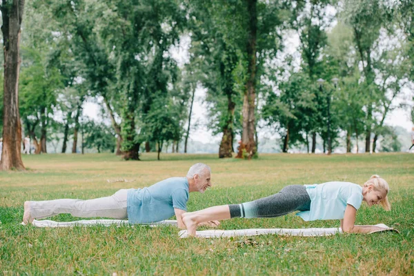 Hombre y mujer maduros haciendo ejercicio de tablón mientras practican yoga en esteras de yoga en el parque - foto de stock
