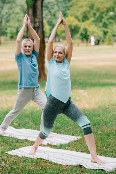 Hombre y mujer maduros positivos que están parados en las poses del guerrero en las esteras del yoga en parque - foto de stock