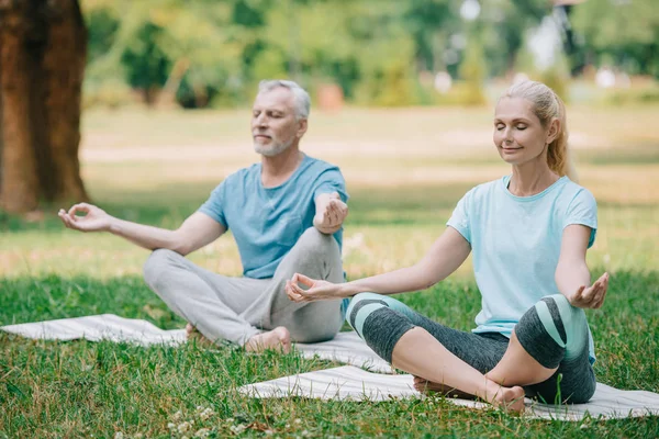 Mature homme et femme méditant dans des poses de lotus tout en étant assis sur des tapis de yoga — Photo de stock