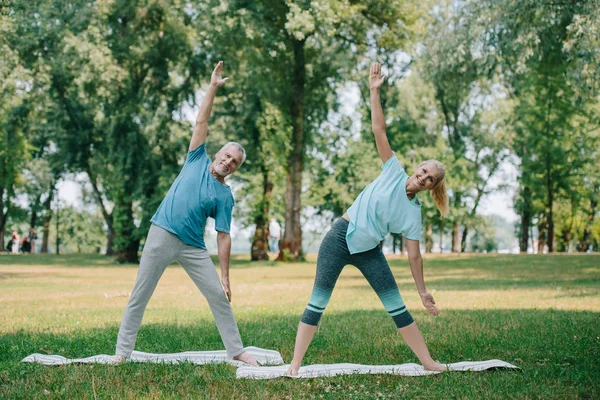 Sonriendo hombre y mujer maduros practicando yoga guerrero posa mientras está de pie sobre esteras de yoga en el parque - foto de stock