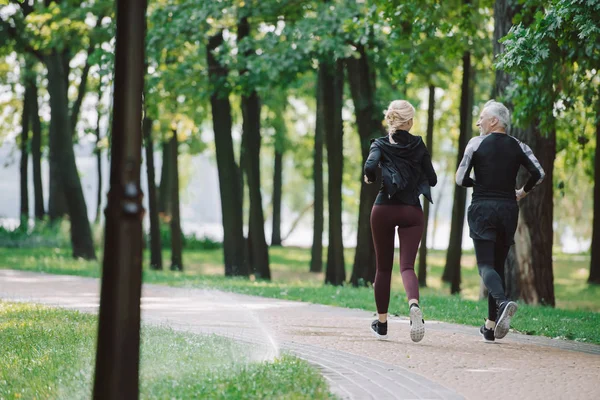 Вид ззаду зрілих спортивних бігунів, що бігають разом у парку — стокове фото