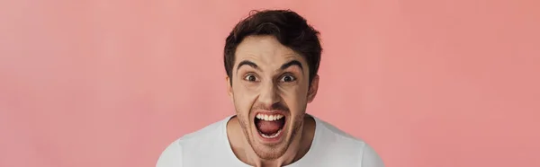 Panoramic shot of angry young man looking at camera and screaming isolated on pink — Stock Photo