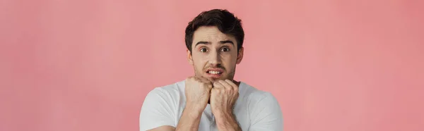 Panoramic shot of scared young man holding fists up and looking at camera isolated on pink — Stock Photo