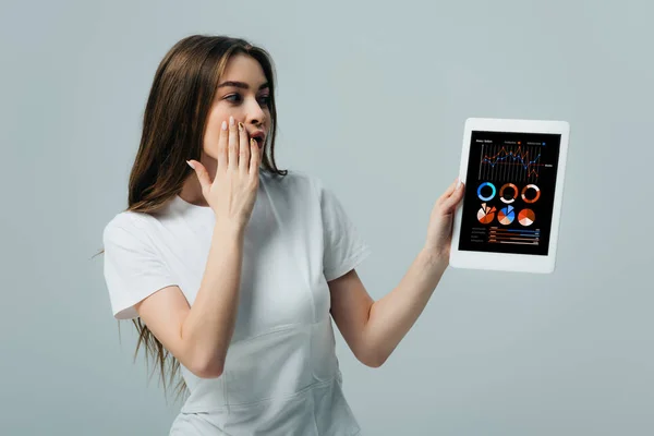 Impactado hermosa chica en camiseta blanca que muestra tableta digital con aplicación financiera aislada en gris - foto de stock