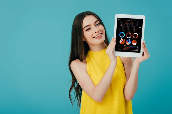 Schönes Mädchen in gelbem Kleid zeigt digitales Tablet mit Finanzapp isoliert auf Türkis — Stockfoto