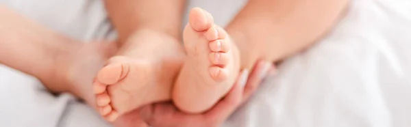 Foto panorámica de lindas piernas de bebé diminutas en tela blanca - foto de stock