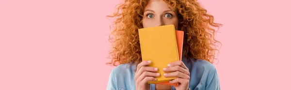 Hermoso estudiante sorprendido sosteniendo libros aislados en rosa - foto de stock