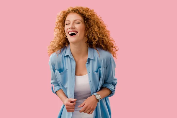 Beautiful laughing redhead woman Isolated On pink — Stock Photo