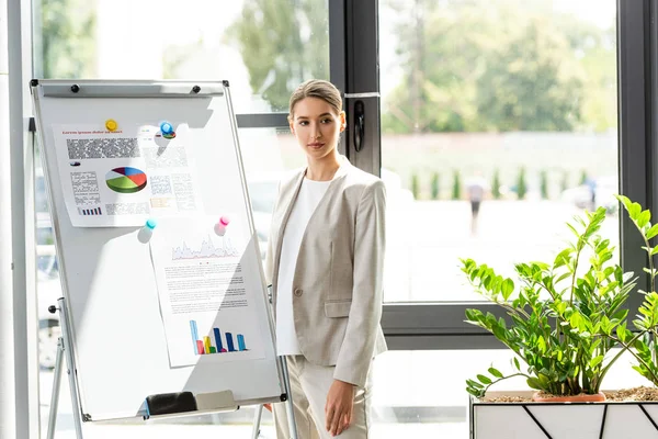 Selbstbewusste Geschäftsfrau in formaler Kleidung steht neben Flipchart mit Infografik im Büro — Stockfoto