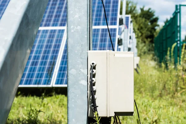 Selective focus of blue solar energy batteries and green grass — Stock Photo