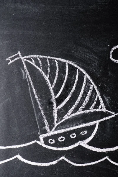 Ship with striped sail drawing on chalkboard — Stock Photo