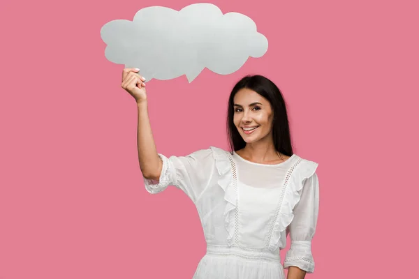 Menina feliz segurando bolha pensamento isolado em rosa — Fotografia de Stock