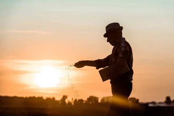 Profil de l'agriculteur âgé en chapeau de paille semant des graines pendant le coucher du soleil — Photo de stock
