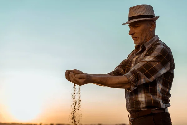 Self-employed senior farmer in straw hat sowing seeds in evening — Stock Photo