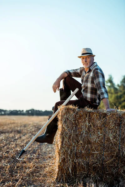 Cheerful bearded farmer in straw hat sitting on bale of hay — Stock Photo