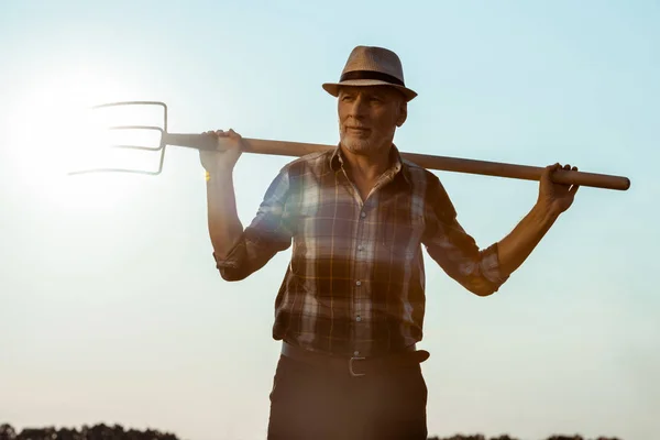 Happy senior man holding rake against blue sky — Stock Photo