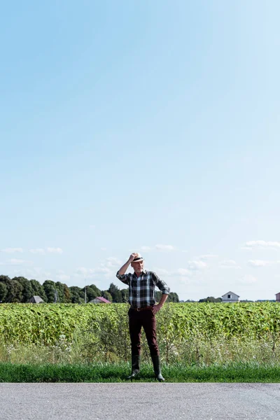 Agricultor sênior tocando chapéu de palha e de pé com a mão no quadril no campo — Fotografia de Stock