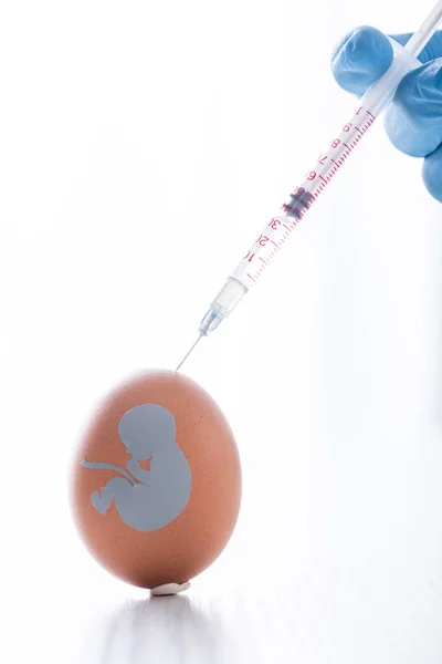 Cropped view of doctor holding syringe near egg with baby silhouette — Stock Photo