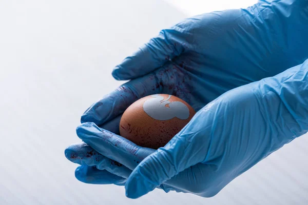 Vista recortada del médico en guantes de látex sosteniendo huevo con silueta de bebé - foto de stock