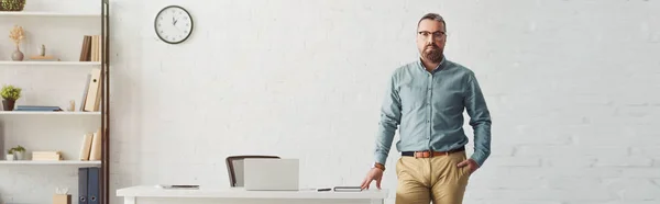 Tiro panorâmico de empresário bonito em camisa e óculos olhando para a câmera — Fotografia de Stock