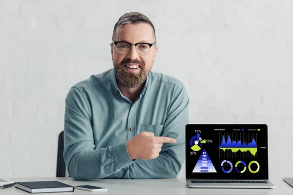 Guapo hombre de negocios en camisa apuntando con el dedo a la computadora portátil con gráficos y gráficos sitio web - foto de stock