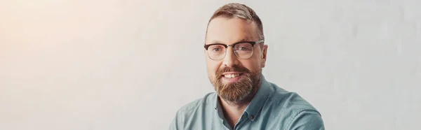 Plano panorámico de hombre de negocios guapo en camisa y gafas mirando a la cámara - foto de stock