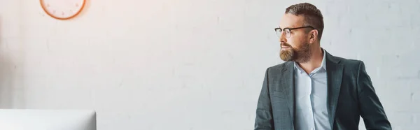 Panoramaaufnahme eines gutaussehenden Geschäftsmannes in formeller Kleidung und Brille, der wegschaut — Stockfoto