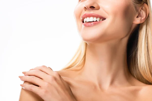 Partial view of nude smiling woman with white teeth isolated on white — Stock Photo