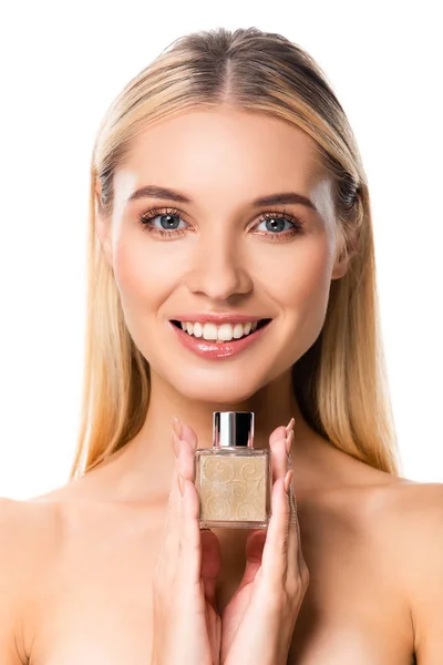 Portrait of blonde naked happy woman with perfume isolated on white — Stock Photo