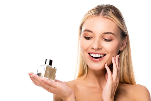 Rubia mujer feliz desnuda con perfume aislado en blanco — Stock Photo