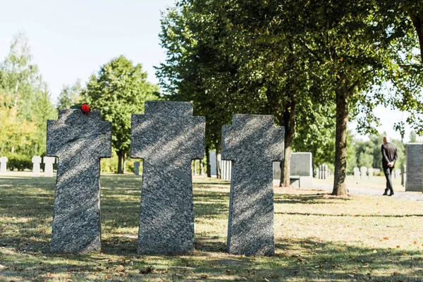 Foco seletivo de rosa vermelha na lápide perto do homem andando no cemitério — Fotografia de Stock