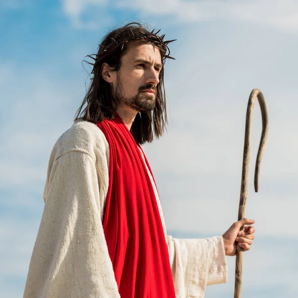 Jesus im Kranz mit Holzstock draußen — Stockfoto