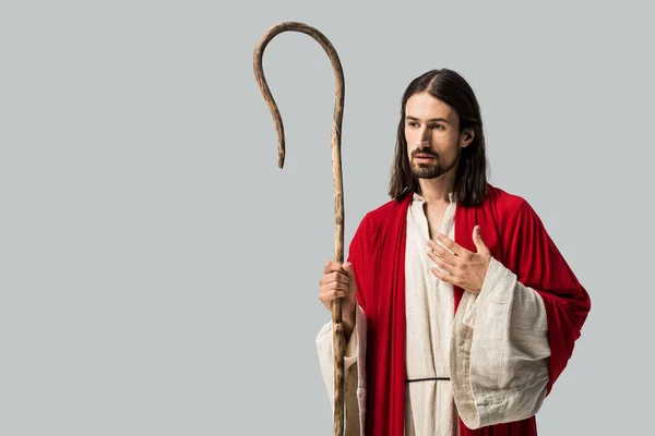 Bearded man in jesus robe holding wooden cane while putting hand on chest isolated on grey — Stock Photo
