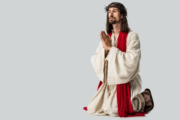 Guapo hombre en corona rezando de rodillas aislado en gris - foto de stock