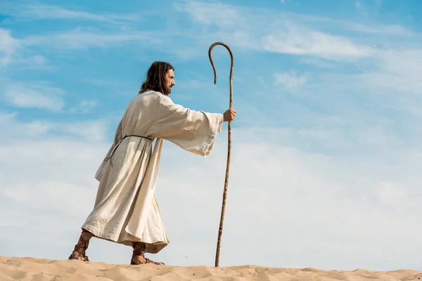 Bärtiger Mann hält Holzstock in der Hand und läuft in Wüste gegen den Himmel — Stockfoto