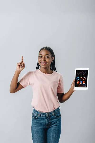 Mujer afroamericana sosteniendo tableta digital con gráficos de marketing y mostrando signo de idea aislado en gris - foto de stock