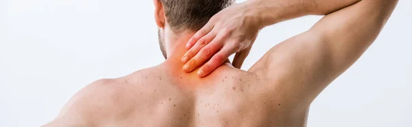 Panoramic shot of shirtless man with neck pain isolated on grey — Stock Photo