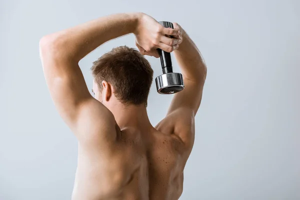 Visão traseira do desportista sem camisa usando barra isolada em cinza — Fotografia de Stock