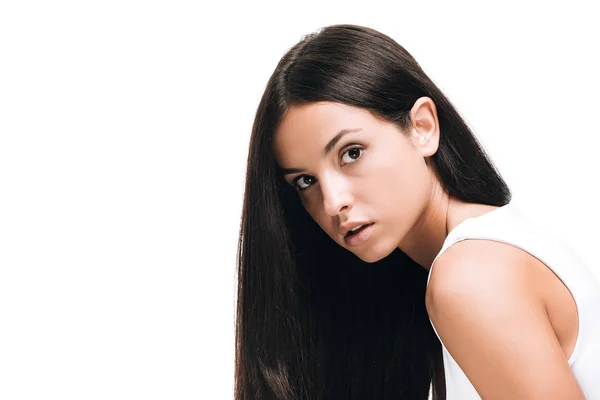 Brunette beautiful woman with long straight healthy and shiny hair isolated on white — Stock Photo