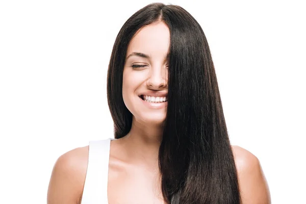 Glücklich brünett schöne Frau mit langen geraden gesunden und glänzenden Haaren isoliert auf weiß — Stockfoto