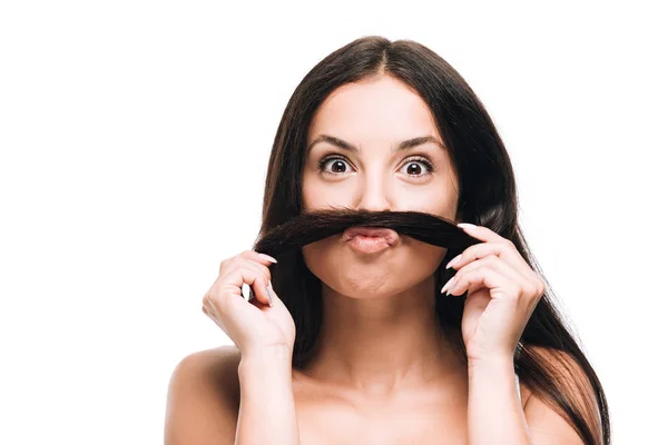 Morena bela mulher fazendo falso bigode de longa reta cabelo saudável e brilhante isolado no branco — Fotografia de Stock