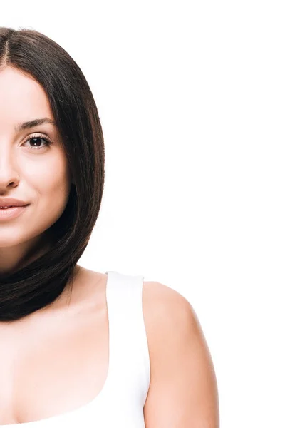 Cropped view of brunette beautiful woman with long straight healthy and shiny hair isolated on white — Stock Photo